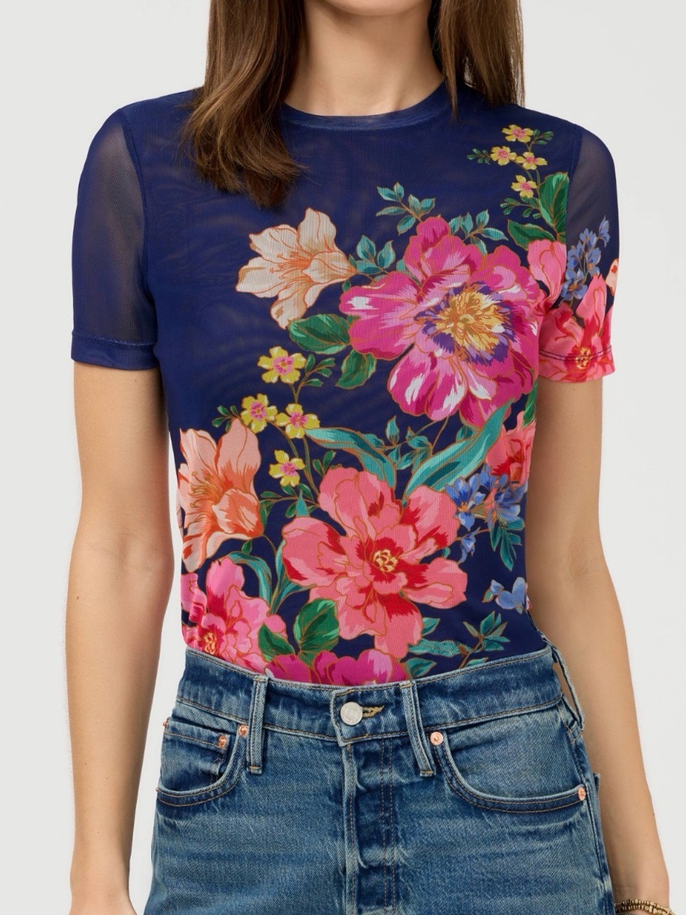 Johnny Was Navy Mesh Tee with Pink & Coral Floral Motif
